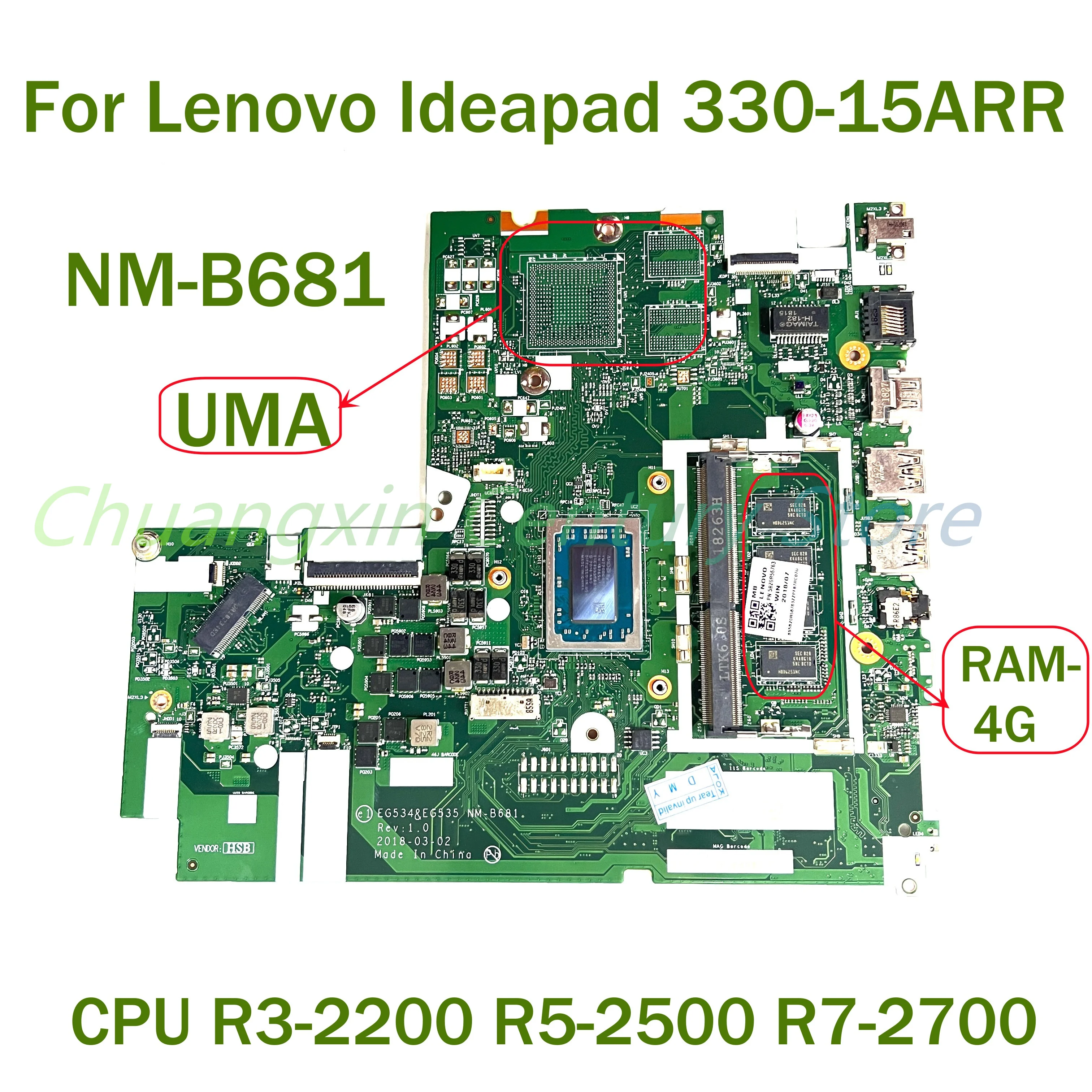Placa base de NM-B681 para portátil Lenovo Ideapad 330-15ARR con CPU R3-2200 R5-2500 R7-2700 RAM 4GB 100% probado completamente en funcionamiento