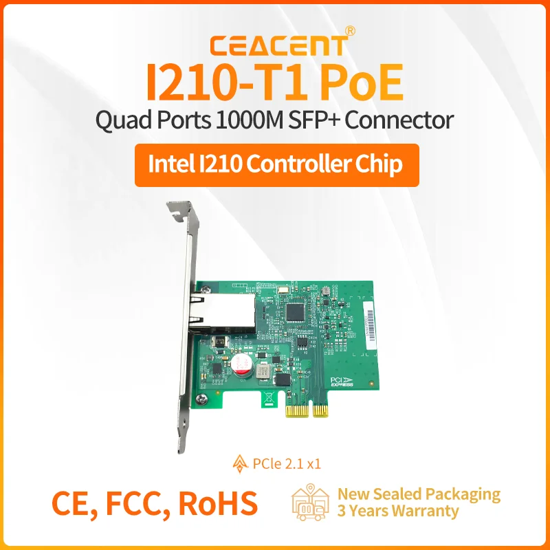 Tarjeta agarradora de marco PoE I210-T1 PoE de 1 puerto RJ45 30W Salida de alimentación 10/100/1000Mbps PCIe 2.1 X1