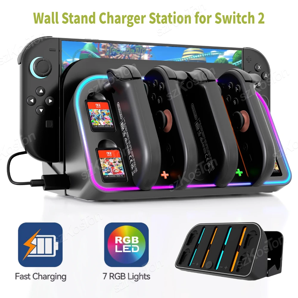 Estación de carga de soporte de pared 4 en 1 para Switch 2 Joycon, modos RGB, soporte de base de carga de luz para accesorios de juego Switch2