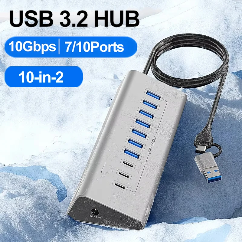 Estación de acoplamiento USB 3,2, 10Gbps, concentrador tipo C, divisor, adaptador de transferencia de datos con lector de tarjetas, interruptor múltiple de 7/8 puertos para PC y portátil