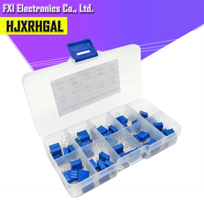 Kit de potenciómetro recortador multigiro, 50 piezas, 3296W, resistencia Variable 3296 de alta precisión con caja gratis, kit electrónico diy - imagen 2