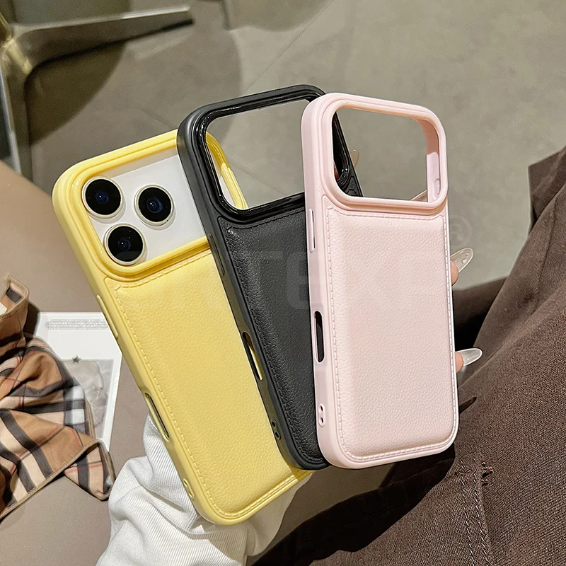 Funda de teléfono de silicona de lujo a prueba de golpes de grano de cuero sintético para iPhone 16 15 14 13 Pro Max Max Plus cubierta completa colorida suave ﻿