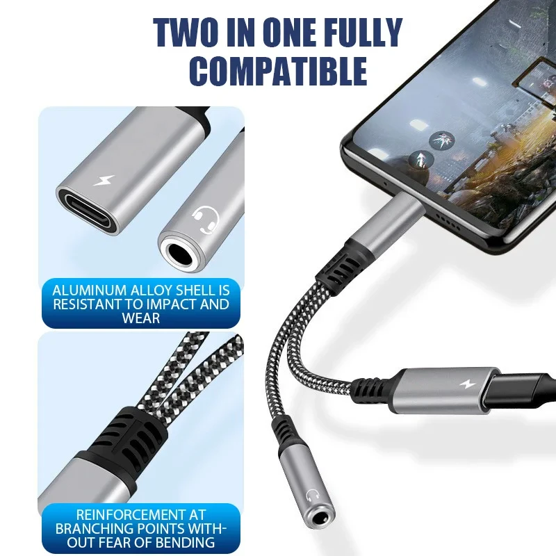 Adaptador de conector para auriculares 2 en 1 USB C a 3,5mm tipo C PD 60W adaptador auxiliar de Audio de carga para Ipad Pro Samsung S20 Ultra Xiaomi Huawei - imagen 4