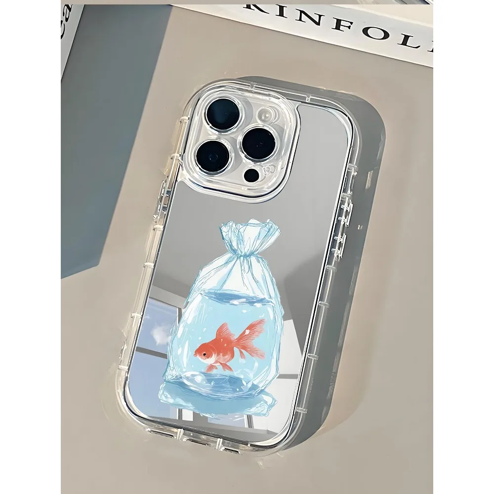 Funda de teléfono ins Cute Goldfish Lucky Mirror para iPhone 17AIR 11 12 13 14 15 16 17Pro Max Plus anillo de lente anticaída funda dura de 1,5mm - imagen 5
