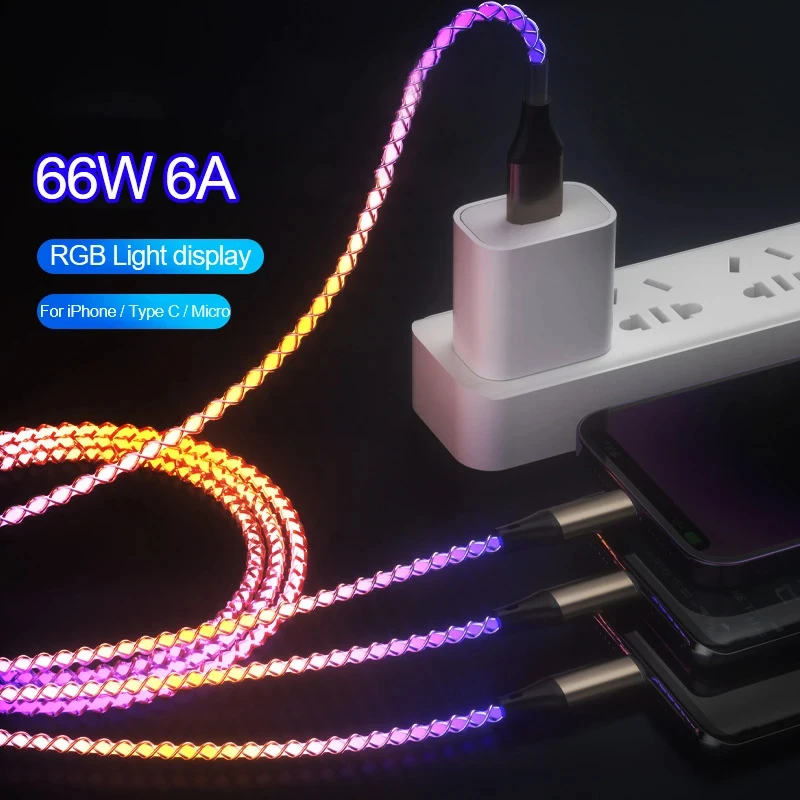 66W 6A 3 en 1 Cable de carga rápida tipo C Micro USB RGB colorido Streamer línea brillante para iPhone Huawei Xiaomi cargador Cable USB - imagen 2