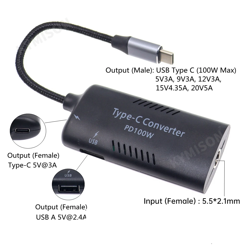 Convertidor de conector adaptador de corriente CC de 100W 5,5*2,1mm hembra a USB tipo C Jack convertidor para Lenovo Dell Hp Asus cargador de ordenador portátil - imagen 3