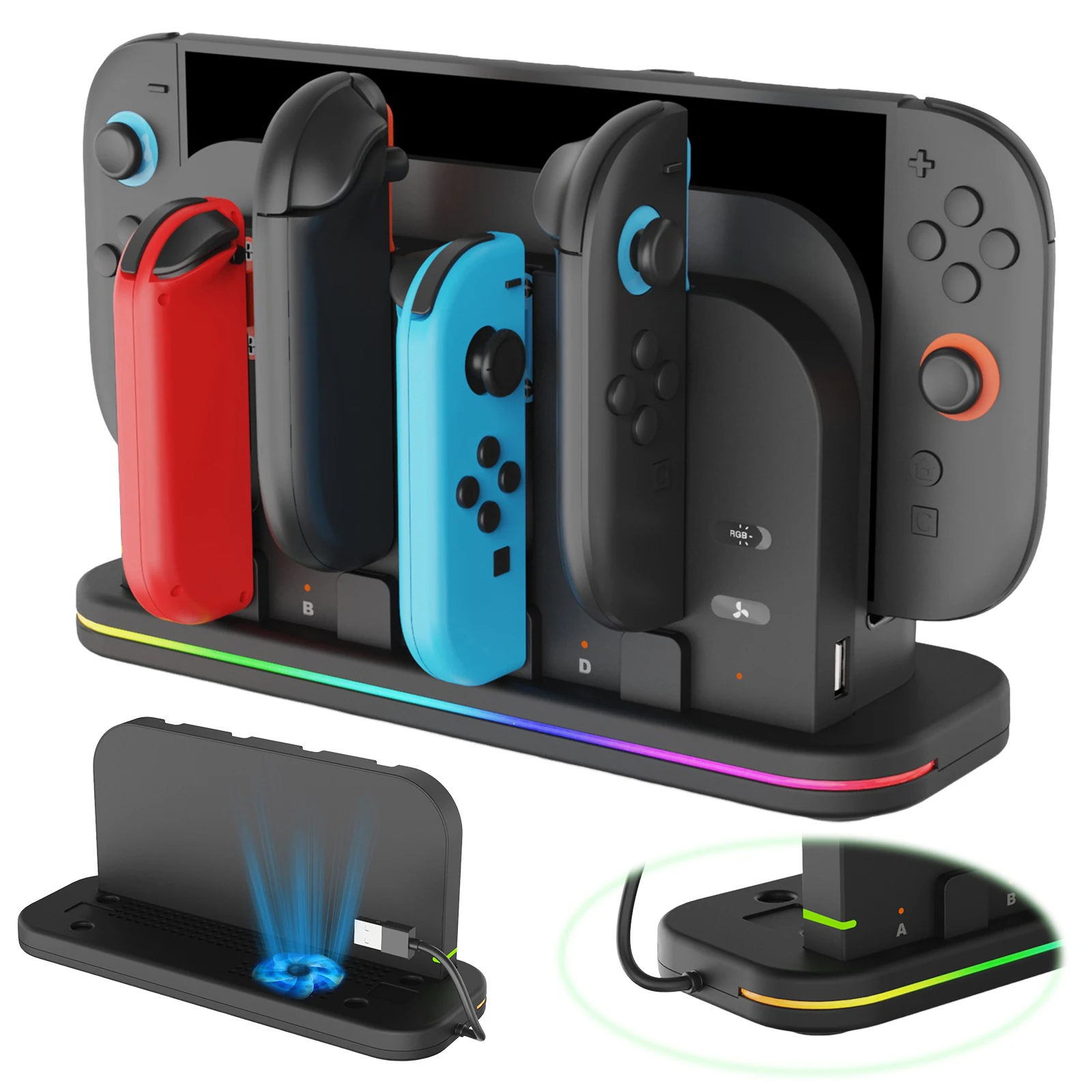 Base de carga para Switch 2, soporte externo para consola de juegos con luz RGB, ventilador de disipación de calor, base de carga para Gamepad para Switch 2