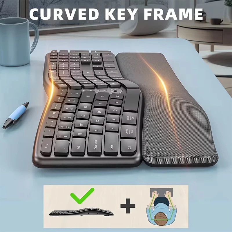 Teclado ergonómico con muñeca acolchada y reposamanos, recargable, multidispositivo, teclado Ergo inalámbrico 2.4G