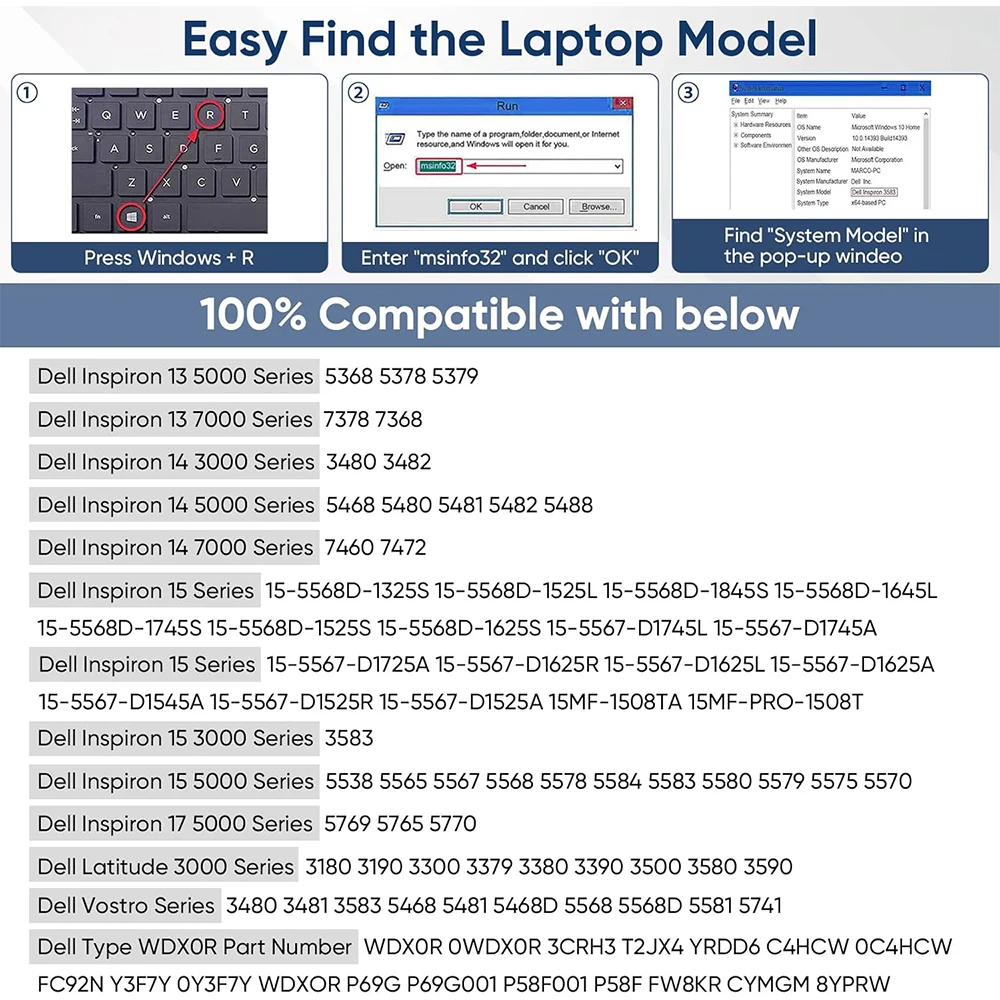42WH WDX0R Batería de repuesto para computadora portátil Dell Inspiron 13 15 5000 7000 Series 5567 5570 7378 7573 7579 5565 5379 5378 Latitude 3390 3190 Vostro 5468 5568 P69G P58F 3CRH3 WDXOR - imagen 2