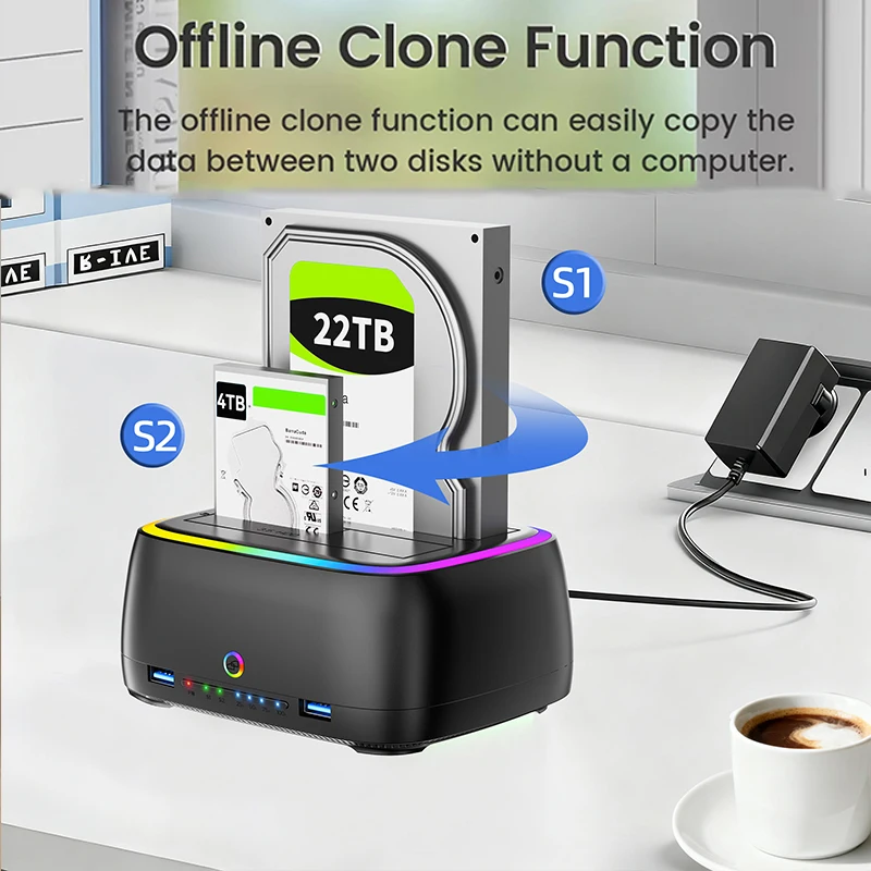 Estación de disco duro de doble bahía USB3.0 5Gbps caja de datos clon sin conexión adaptador de efecto de luces RGB para tarjeta HDD/SSD TF/SD de 2,5/3,5 pulgadas - imagen 2