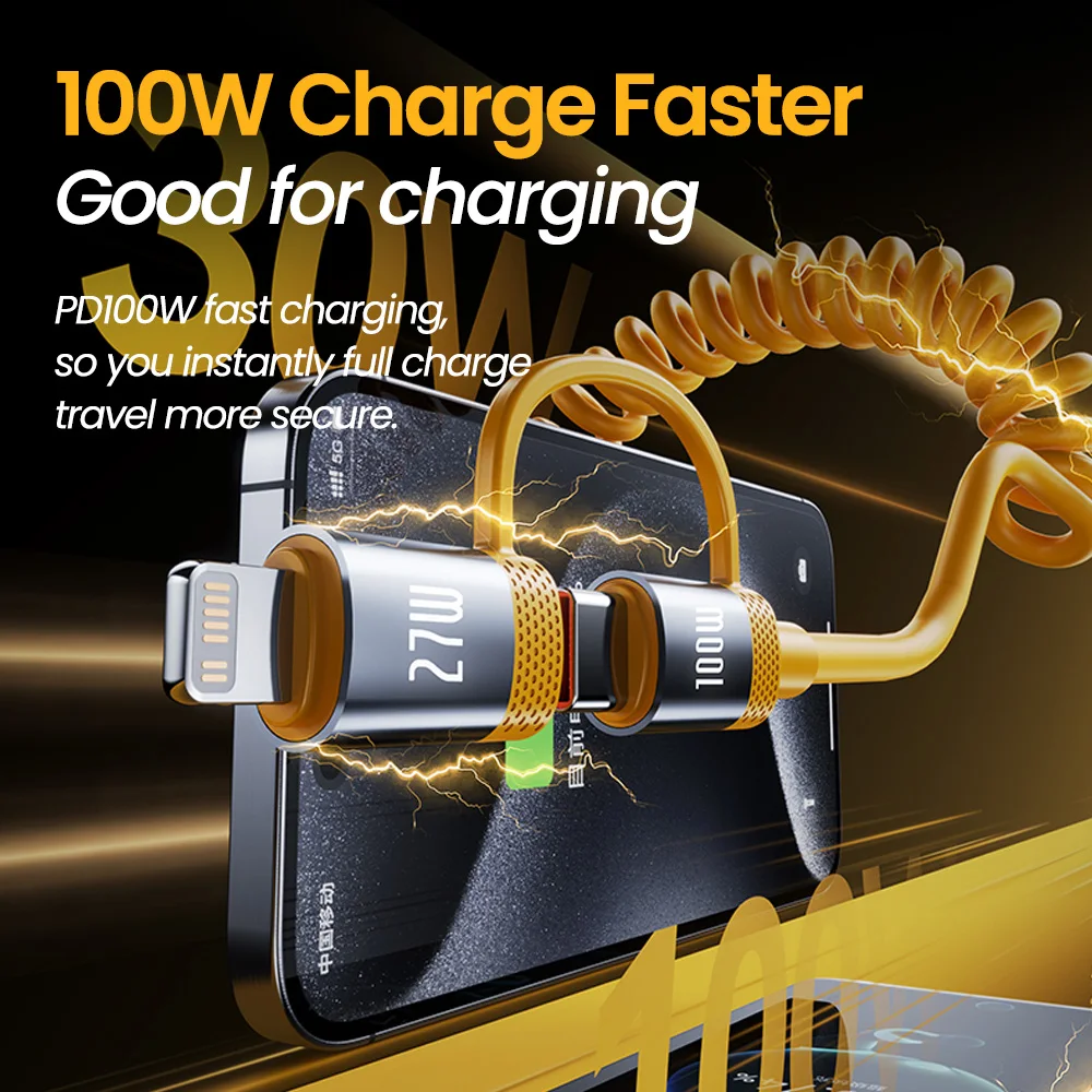 Cable de carga rápida con resorte 2 en 1 6A 100W 90 ° Cable de resorte de codo C a C para Samsung Huawei Xiaomi iPhone 16 15 Cable de cargador de coche - imagen 4