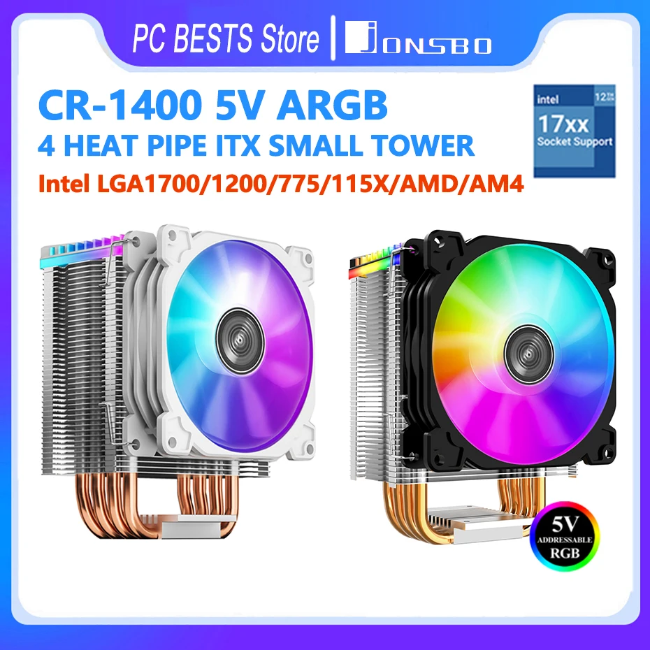 JONSBO-enfriador de CPU CR-1400, torre de 4 tubos de calor, color blanco, 5V, ARGB, ITX, refrigerado por aire, Intel LGA1700, 115X, 1200, AM4, ventilador de refrigeración silencioso - imagen 2
