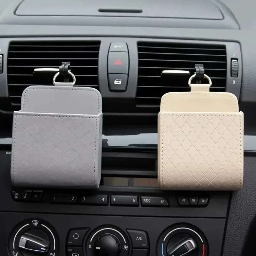 Soporte para teléfono de coche con salida de aire, caja de almacenamiento colgante, bolsa para teléfono móvil de coche, organizador de gafas de cuero PU, soporte en accesorios para coche - imagen 3