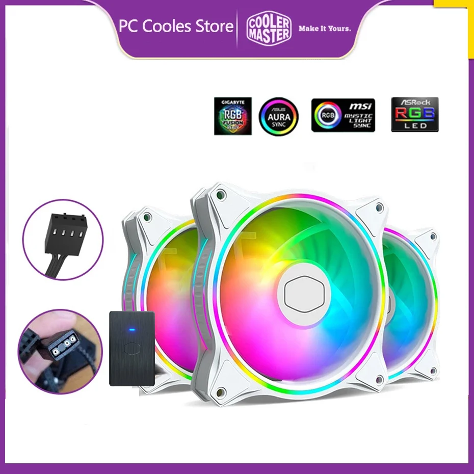 Cooler Master-ventilador de refrigeración de CPU MF120 HALO 3 en 1, KIT blanco de 5V/3 pines ARGB, 120mm, carcasa de iluminación direccionable con controlador