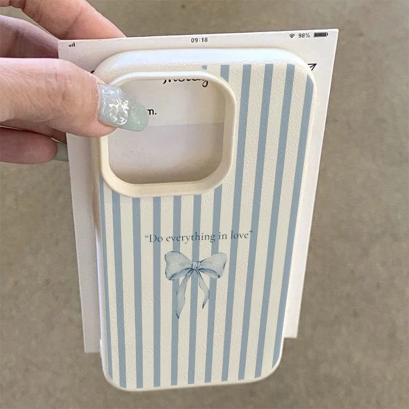 Funda de teléfono con textura de lichi y patrón de lazo a rayas azules para iPhone 17 16 15 14 Plus 11 12 13 Pro Max 17 Air cubierta a prueba de golpes - imagen 4