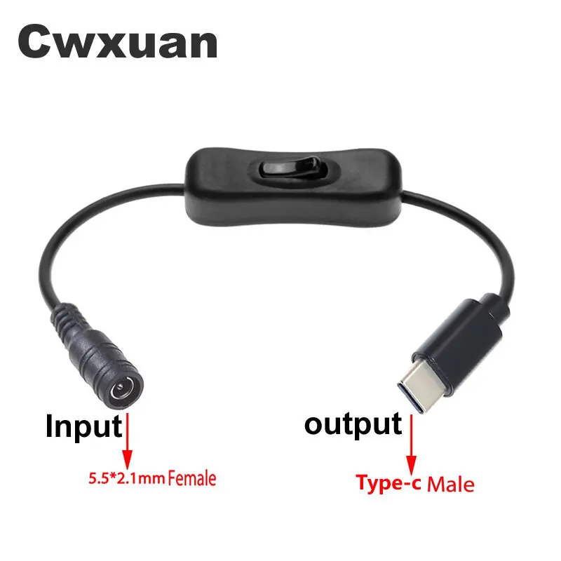 Conector hembra DC5.5 x 2,1mm a conector macho USB 3,1 tipo C adaptador de conector de alimentación CC a macho tipo c con interruptor