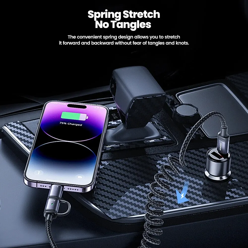 Toocki 2 en 1 PD 60W tipo C Cable para iPhone 15 Pro Samsung S23 Xiaomi 2.4A Cable de resorte USB de carga rápida para iPhone 14 13 - imagen 5