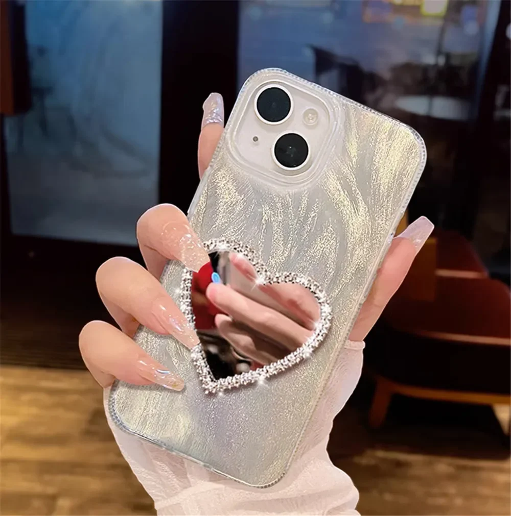Funda de teléfono con espejo de corazón de diamante de lujo para Xiaomi Redmi Note 13 Pro 4G 5G 12 12S 11 11S 10 10S 9S 8 7 Pro cubierta láser a prueba de golpes - imagen 4