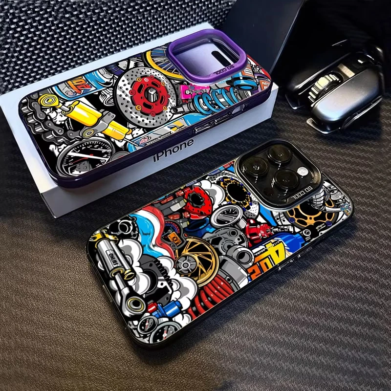 Patrón de engranaje mecánico galvanizado plata IMD funda de teléfono para iPhone 11 12 13 14 15 16 Pro Max 16E 7 8 Plus X XS XR SE2 cubierta