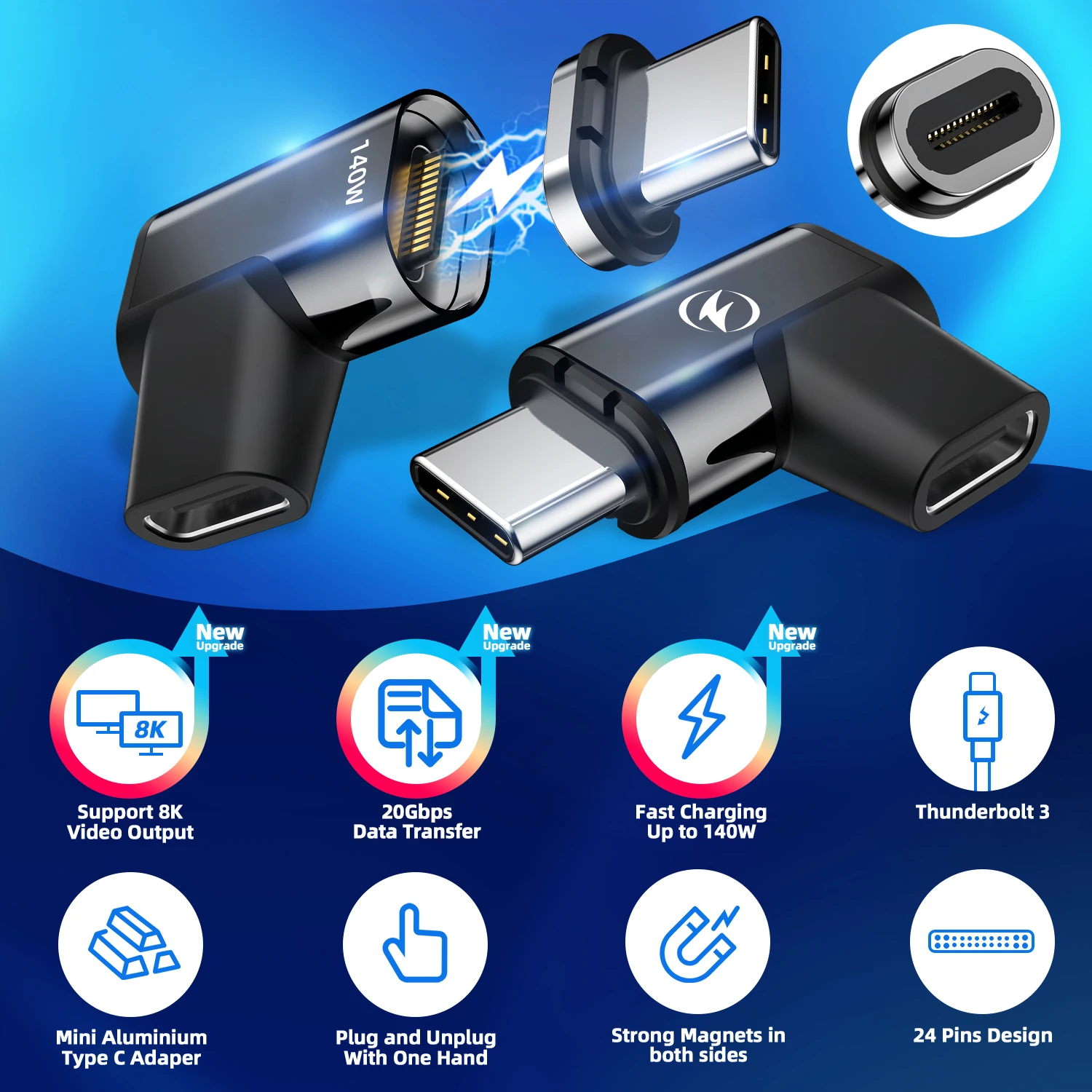 USB C a C 8K @ 60Hz Transferencia de datos 140W 20/40Gbps Adaptador tipo C Carga rápida 5A USB4.0 Conector magnético para tableta teléfono móvil - imagen 3