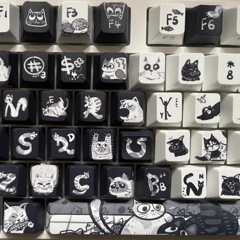 Juego de teclas con tema bonito de gato Tai Chi, color blanco y negro, perfil PBT Cherry MOA, teclas originales personalizadas hechas a mano para teclado mecánico - imagen 5