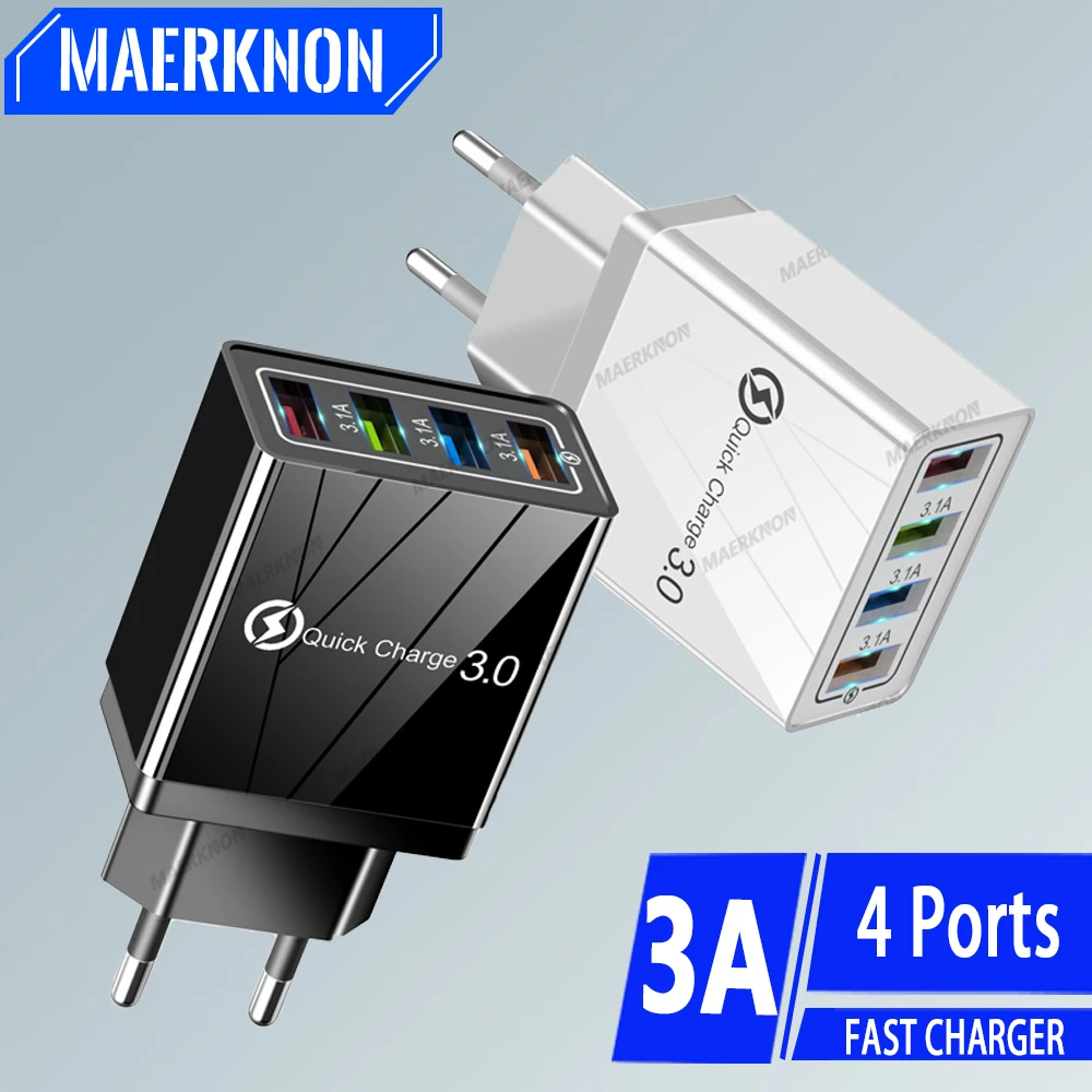 Cargador USB de 4 puertos de carga rápida 3,0, adaptador de corriente para teléfono con enchufe europeo y estadounidense para iPhone, Samsung, Xiaomi y Huawei