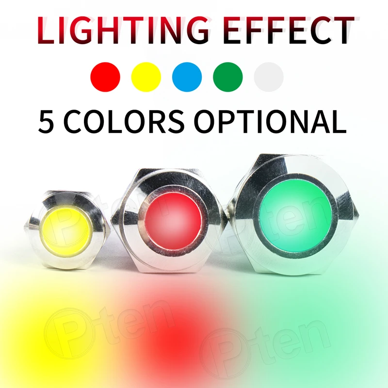 Luz indicadora de advertencia LED de Metal plano, 6/8/10/12/16/19/22mm, lámpara de señal, cable piloto, resistente al agua IP65 3-6V 12-24V 220V de potencia - imagen 3