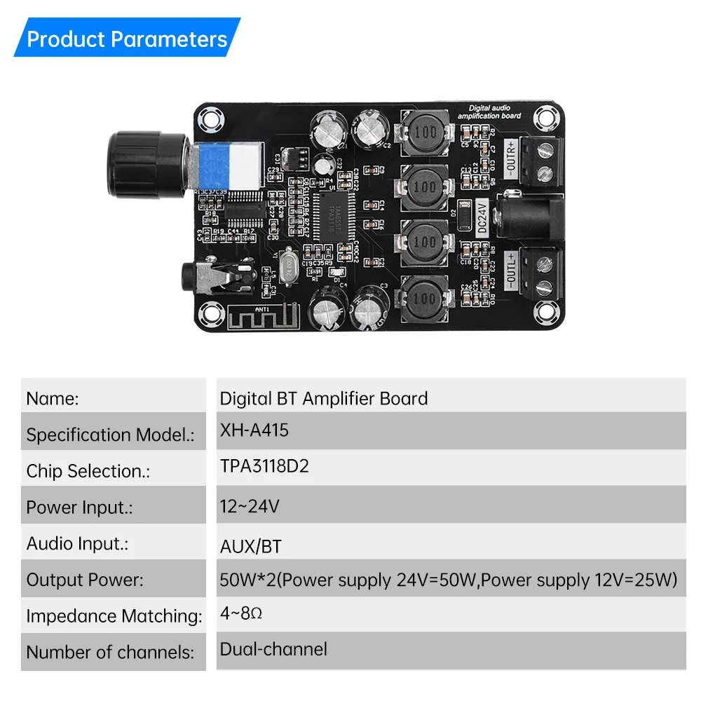 Placa amplificadora de Audio ajustable de alta potencia, DC12-24V de 50W + 50W, TPA3118D2, compatible con BT 5,0, módulo Amp de alta definición, XH-A415 - imagen 5