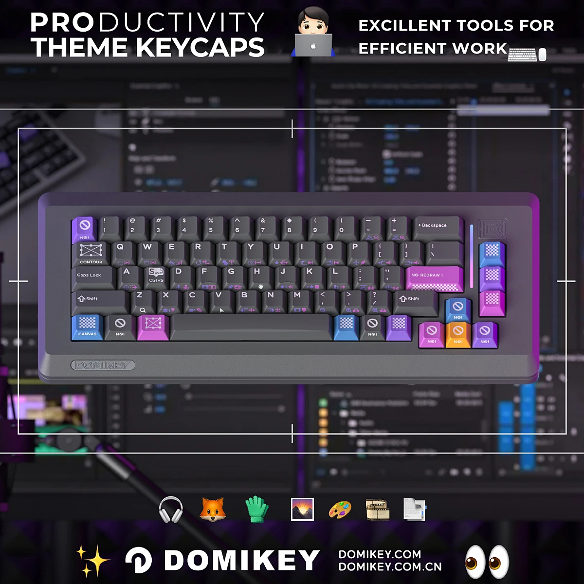 Domikey-Tapa de tecla de productividad PBT Doubleshots, perfil de cereza con serigrafía para teclado mecánico