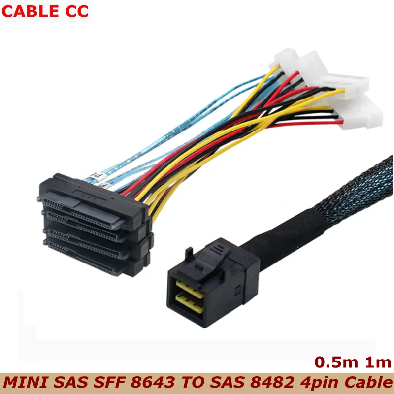 Alta calidad 50 cm 100 cm NUEVO Mini SAS interno SFF-8643 a (4) conectores SFF-8482 de 29 pines con 4 cables de alimentación SATA