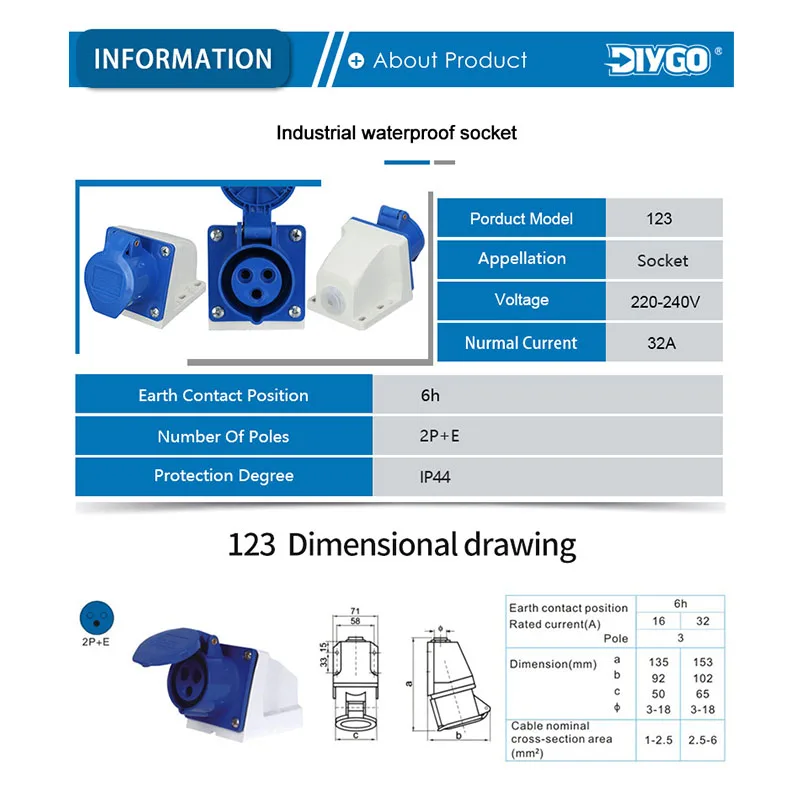 IP44 32A 3Pin 2P + E conector impermeable cable eléctrico de alimentación conexión enchufe Industrial macho hembra equipo eléctrico - imagen 5