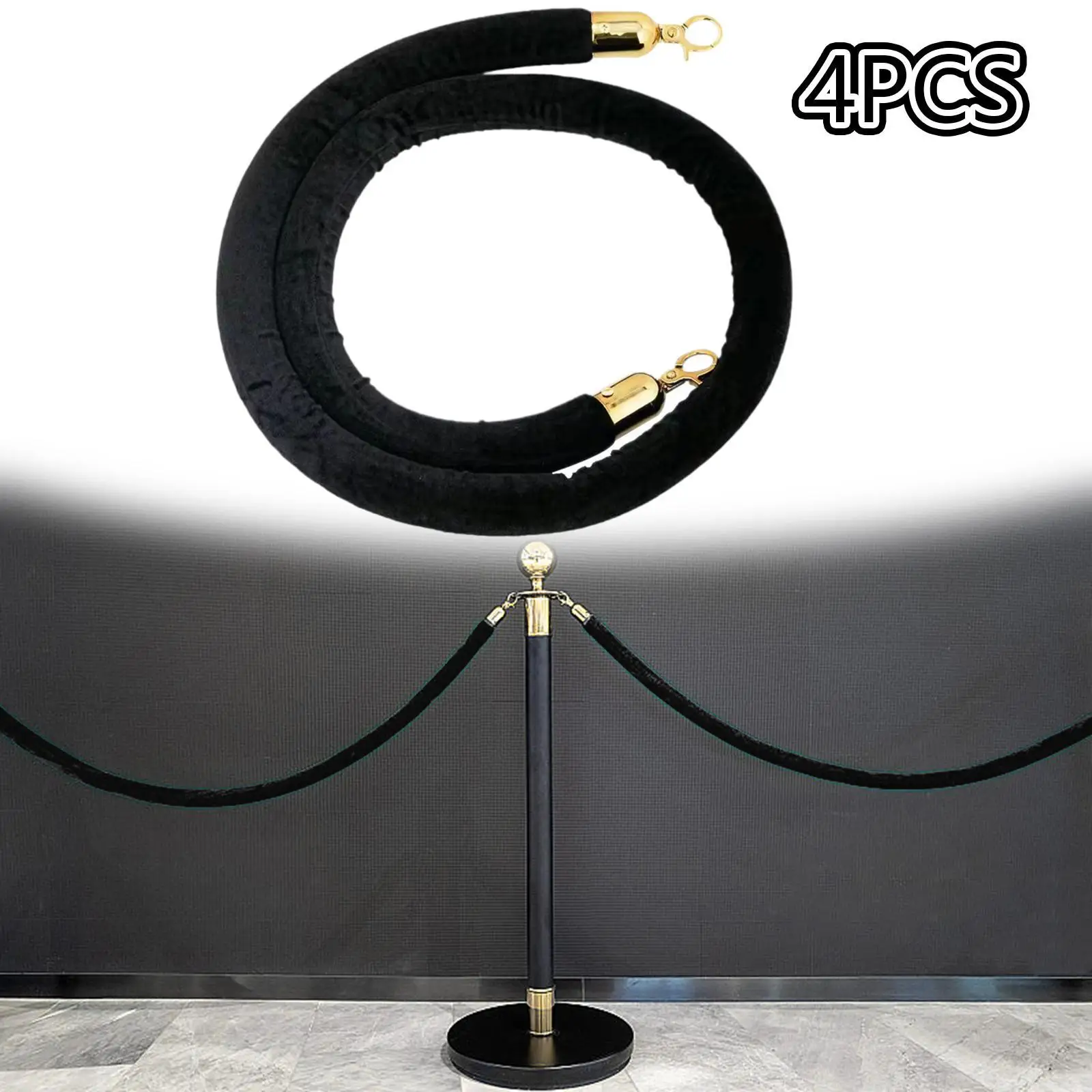 4x barreras de seguridad de control de multitudes de cuerda de estañón de terciopelo para postes de cola VIP negro - imagen 2