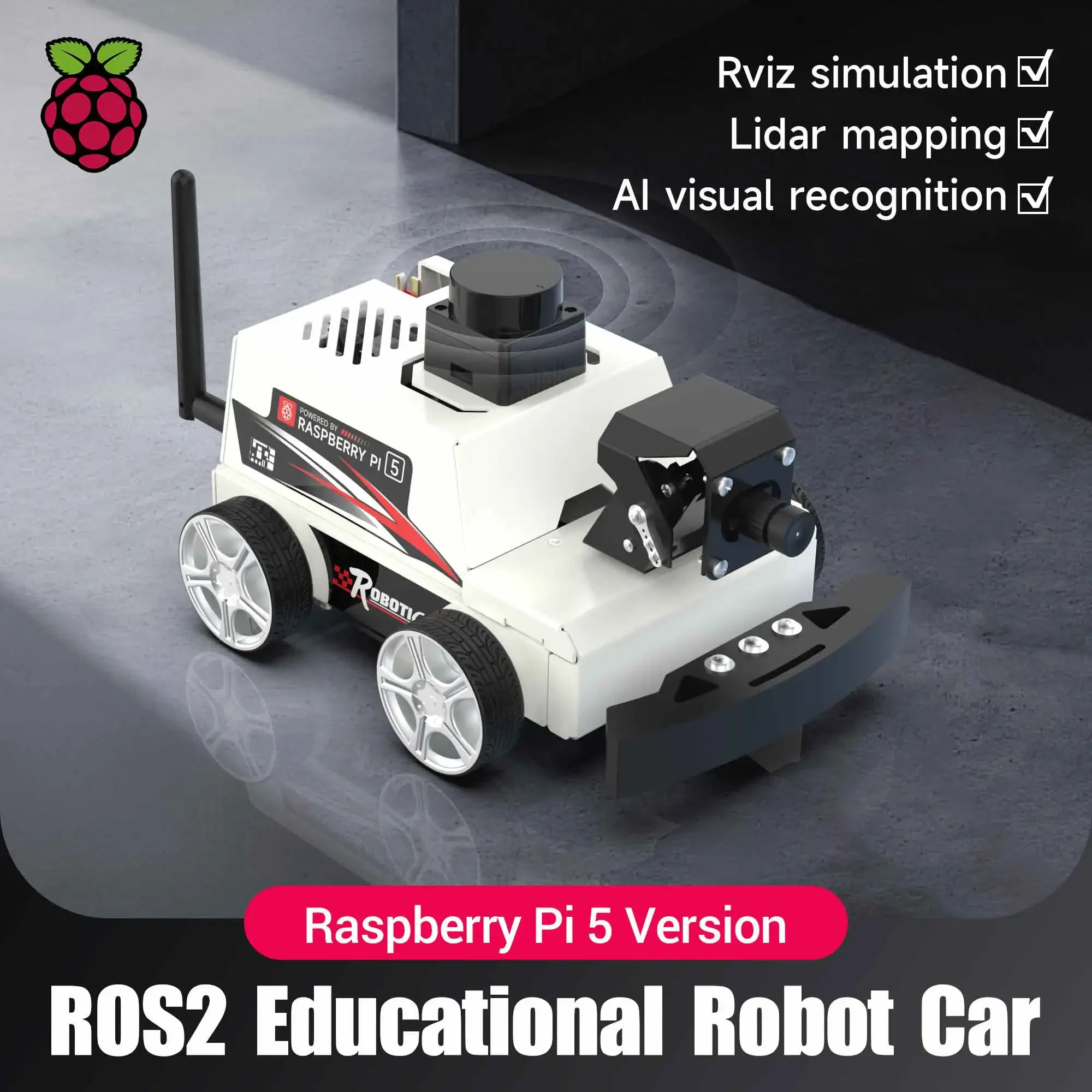 Raspberry Pi 5 Kit de robot educativo ROS2 para coche con MS200 TOF Lidar compatible con navegación de mapeo SLAM reconocimiento Visual AI Python3