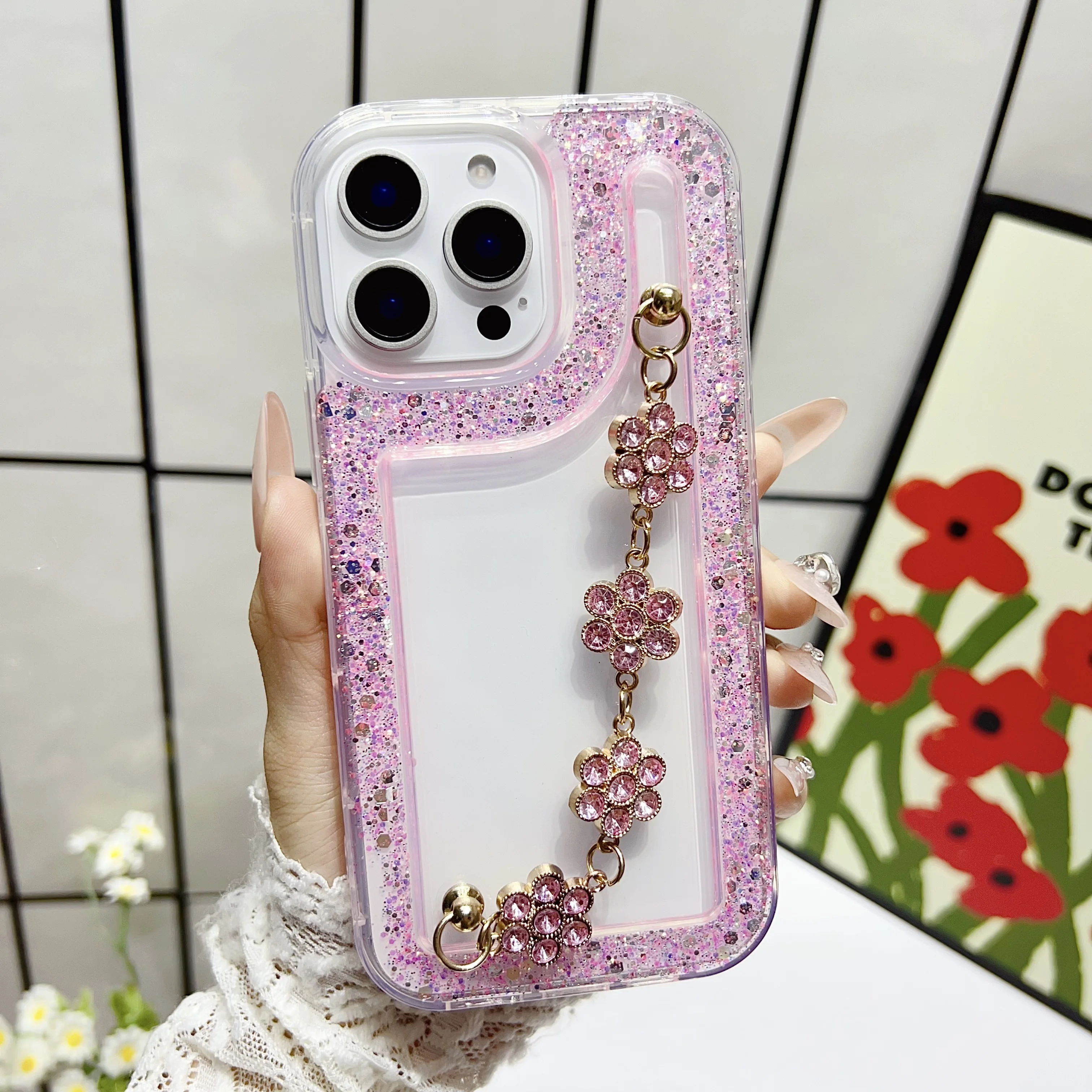 Funda de teléfono con purpurina y pulsera de flores para Samsung A54 A34 A24 A14 A04S A13 A23 A52 A12 A22 A32 A51 funda de silicona suave a prueba de golpes - imagen 5