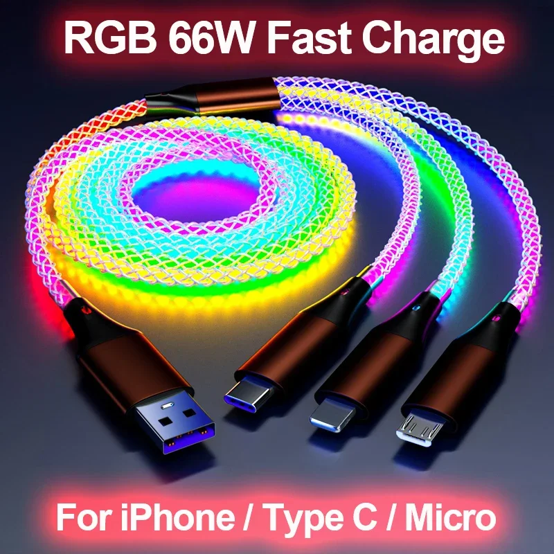 66W 6A 3 en 1 Cable de carga rápida tipo C Micro USB RGB colorido Streamer línea brillante para iPhone Huawei Xiaomi cargador Cable USB