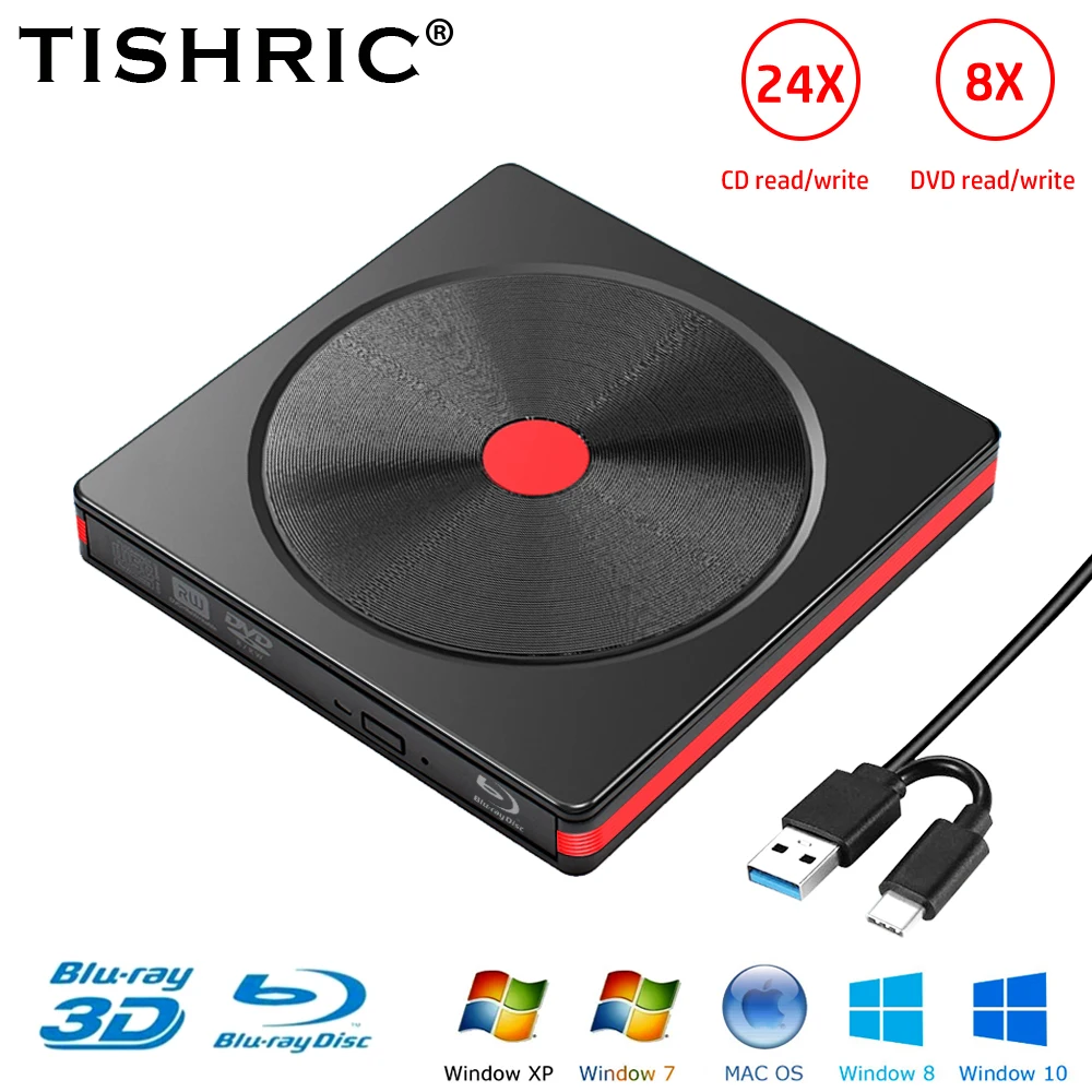 TISHRIC-dispositivo HDD ODD, DVD-RW externo móvil emergente, USB 3,0, cable tipo C, reproductor de DVD, RW, lector de CD, unidades ópticas para ordenador portátil y PC