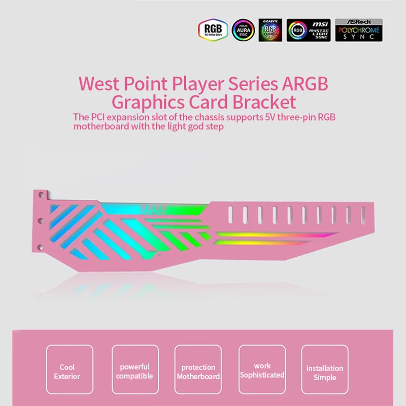 TEUCER-Soporte de GPU rosa para tarjeta gráfica Horizontal, 5V, 3 pines, ARGB, VGA, funda de PC de escritorio, accesorios de bricolaje - imagen 3