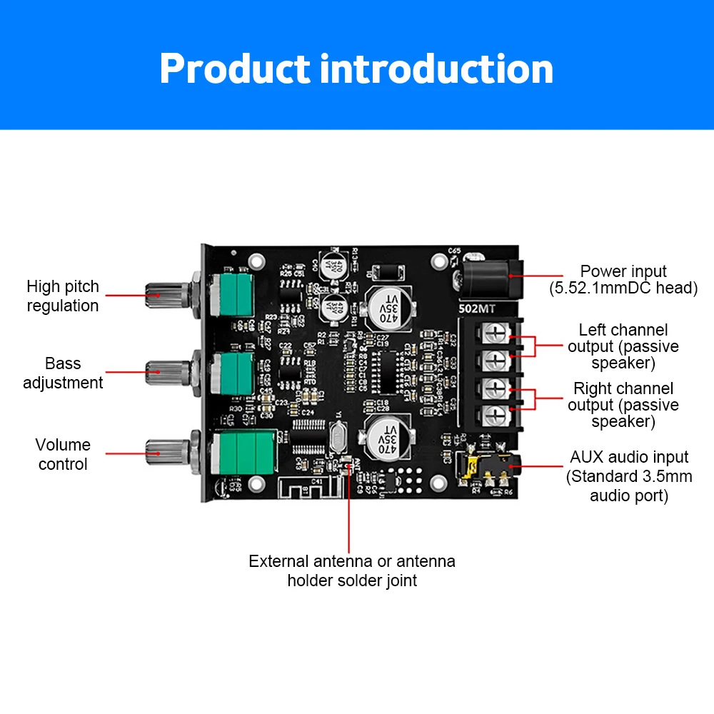 Placa amplificadora Bluetooth ZK-502MT, módulo de potencia de Audio estéreo HiFi 2X50W con Control de tono, salida de doble canal - imagen 2