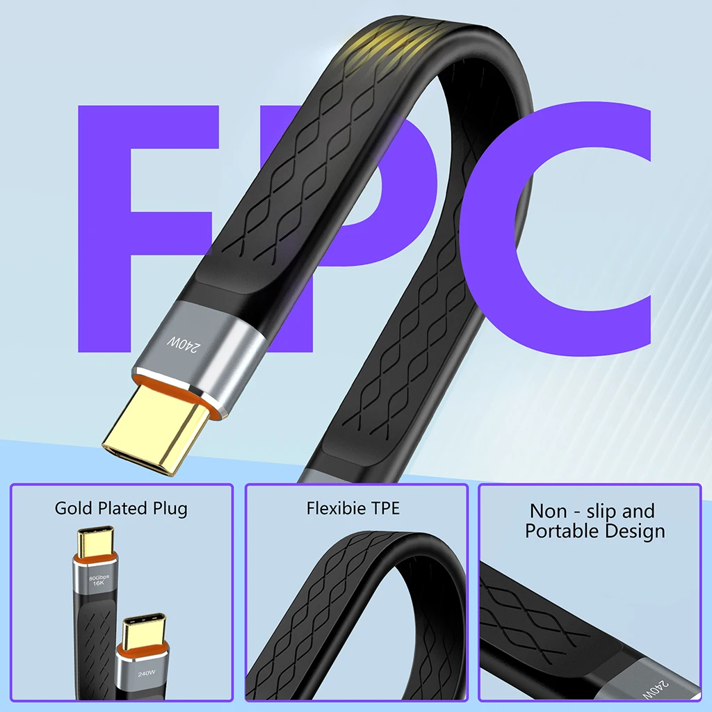 Cable corto USB C a USB C de 240W y 40GB, Cable de carga rápida tipo C, transferencia de datos de 40Gbps, Cable de extensión de carga de datos plano de 16K - imagen 4