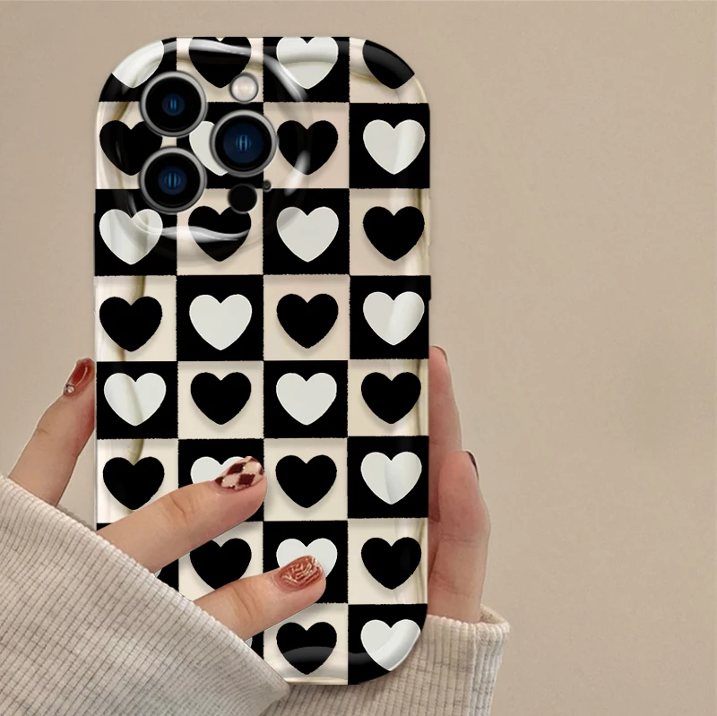 Funda ondulada con patrón de tablero de ajedrez de amor y flores para iPhone 17 Air 16 E 15 14 Plus 13 12 Mini 11 Pro Max, Fundas traseras a prueba de golpes - imagen 2