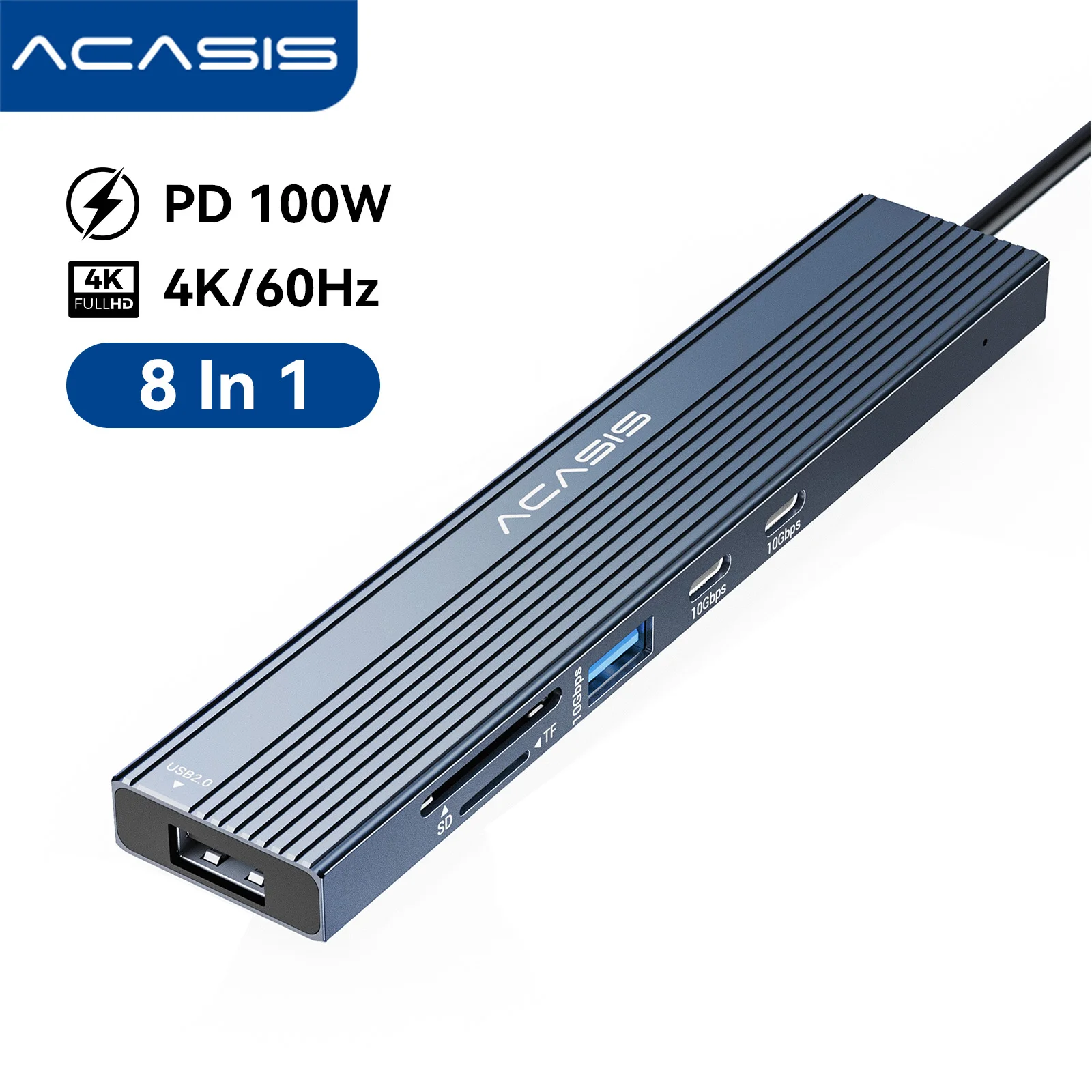 Acasis 8 en 1 USB-C Hub 10Gbps estación de acoplamiento 4K 60HZ DP salida TF/SD 3,0 PD 100W para teclado ratón impresora todo en uno Hub