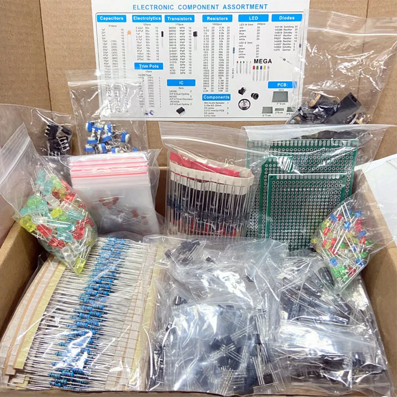 Kit de componentes electrónicos, condensadores comunes, resistencias, condensadores, T0-92, transistores LED, placa PCB, diodos DIP-IC RM065, 1818 Uds.