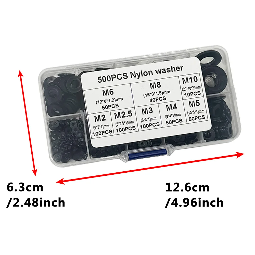 Kit surtido plano de arandelas de nailon de 500 Uds con placas de seguridad de 8 tamaños M2 M2.5 M3 M4 M5 M6 M8 M10 arandelas de sellado de nailon - imagen 5