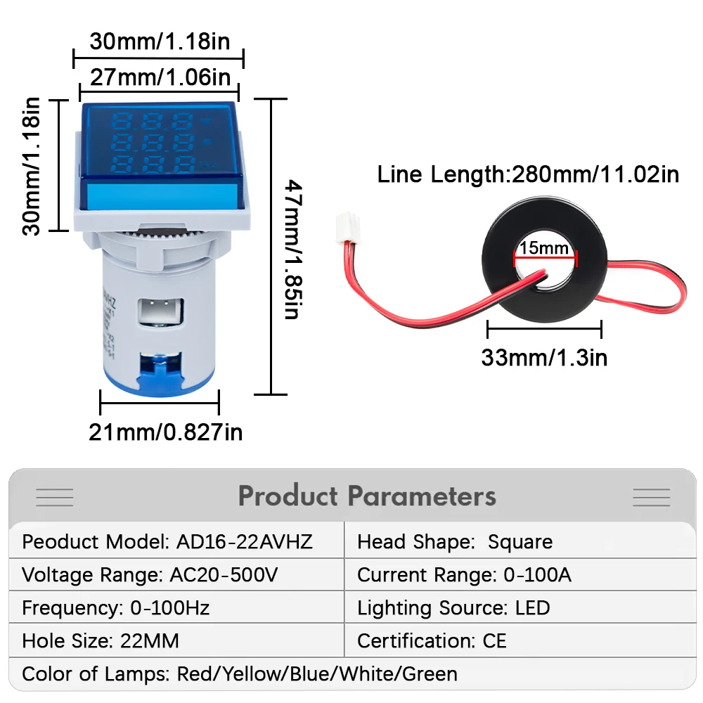 Voltímetro Digital LED cuadrado, amperímetro, medidor Hertz AC 20-500V, luces de señal, voltaje, corriente, frecuencia, medidor combinado, probador de indicador - imagen 3