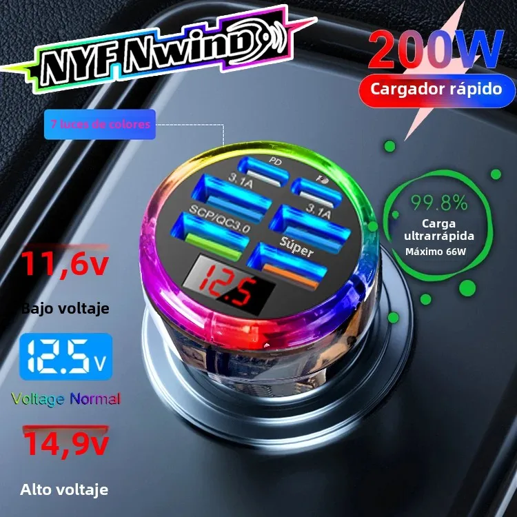 Cargador de coche Total de 200W, carga súper rápida 6 en 1, voltaje multipuerto para coche con pantalla Digital para vehículo, cargador de teléfono móvil para coche - imagen 2
