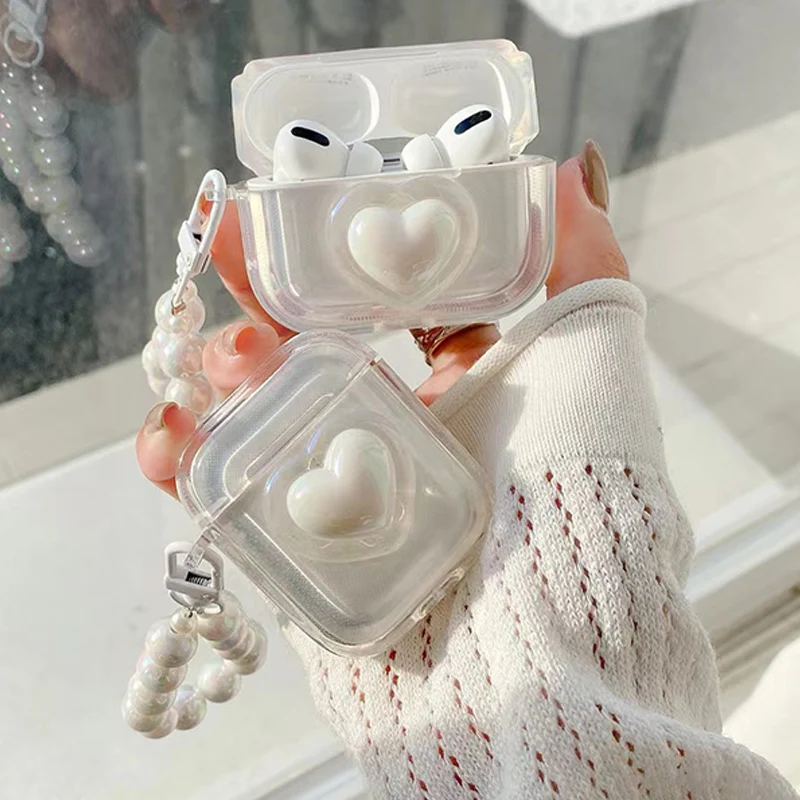 Funda Simple para auriculares con forma de corazón y perlas láser para AirPods Pro2, caja de carga para auriculares de tercera generación, funda protectora para Air Pods 2, llavero