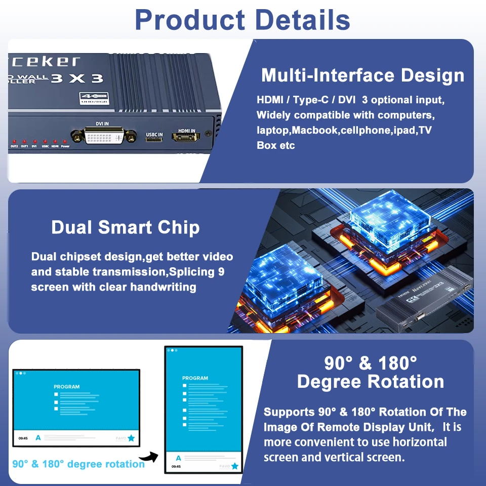 Controlador de pared de vídeo 4K HDMI 3x3 tipo C DVI procesador de pared de vídeo 1X4 1X3 2X1 2x3 3x2 4X2 empalmador de procesador de pantalla multi video - imagen 5