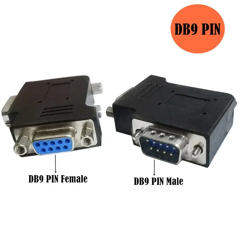 Conector de par macho hembra RS232 DB9P, puerto serie DB9, ángulo curvo de 90 grados, adaptador macho hembra de 9 pines en lados izquierdo y derecho