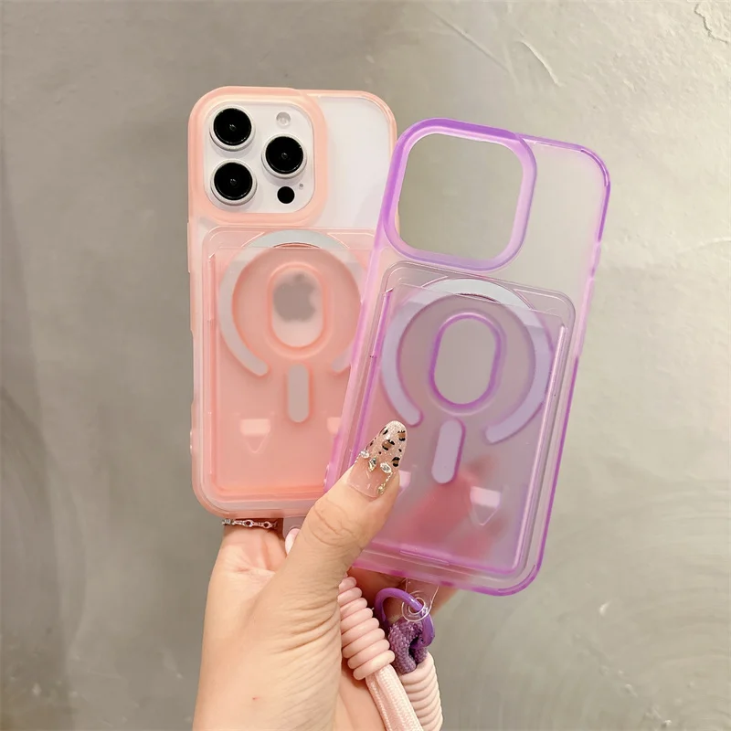 Funda de teléfono con cordón y bolsa para tarjetas con ranura magnética a la moda para iPhone 12 13 14 15 16 17 Pro Max Plus para Magsafe, funda esmerilada a prueba de golpes - imagen 5