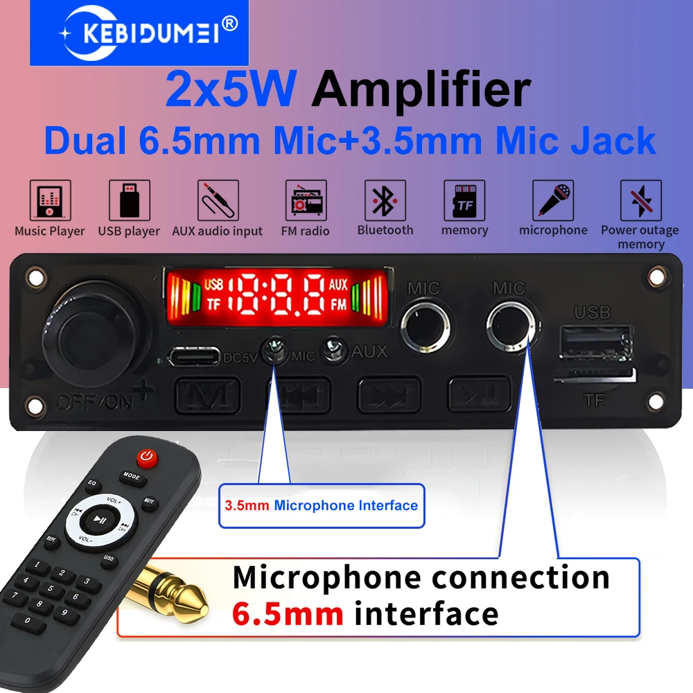 Placa decodificadora de MP3 amplificador de 10W con micrófono Dual de 6,5mm conector de micrófono de 3,5mm reproductor de Audio Bluetooth reproductor de MP3 módulo de Radio FM para coche TF/USB